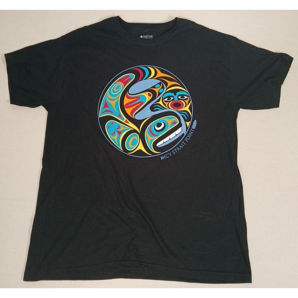 Mens L Native Northwest Travel TShirt Black Icy Strait Point Bird Fish Cowichan